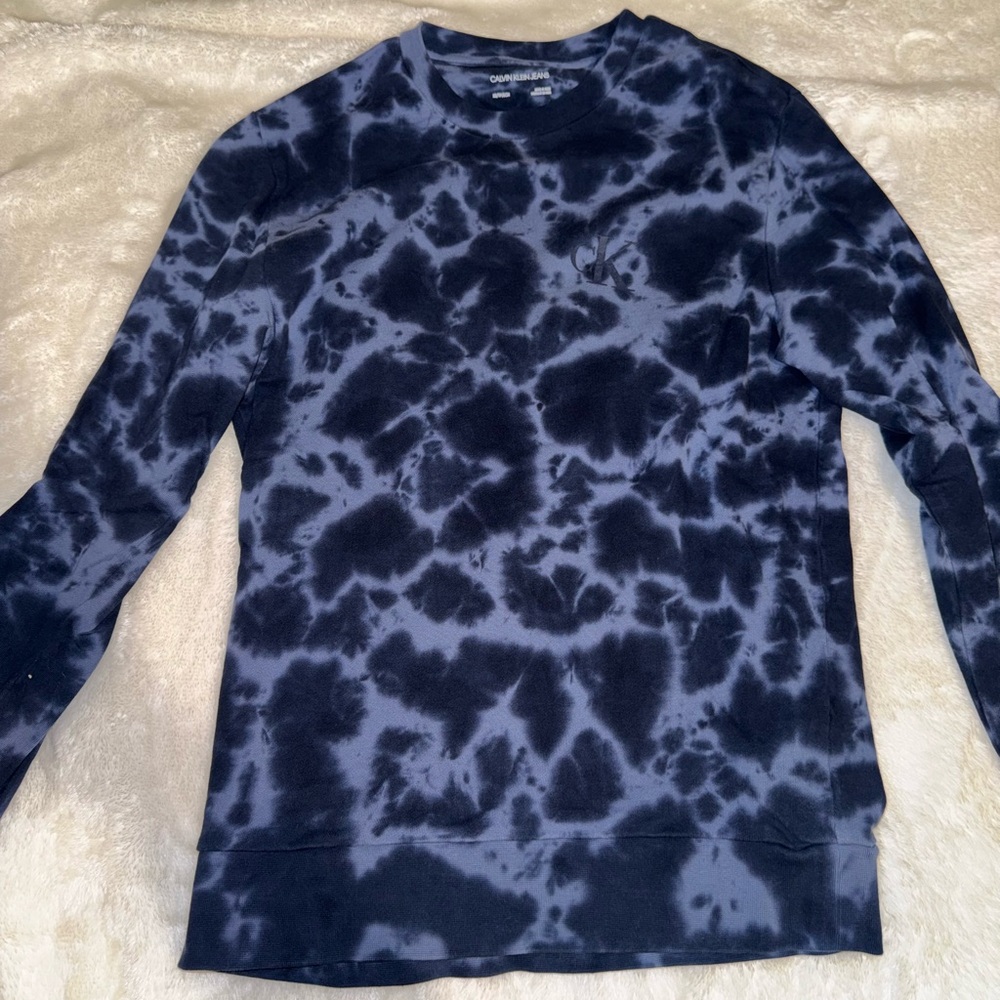 Calvin Klein Mens Relaxed Tie-Dye Navy Blue Crew neck Sweatshirt Size XS